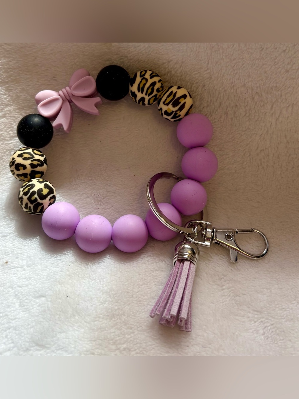 Women’s Purple Leopard Bead Keyring Bracelet with Tassel - Picture 2 of 2